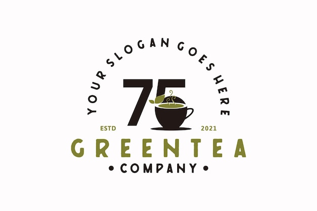 Logotipo vintage de té verde por el número setenta y cinco, inspiración del logotipo