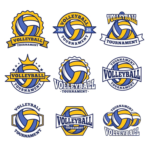 Vector logotipo de voleibol, emblema, colecciones de conjuntos de insignias, plantillas de diseños aisladas sobre fondo blanco