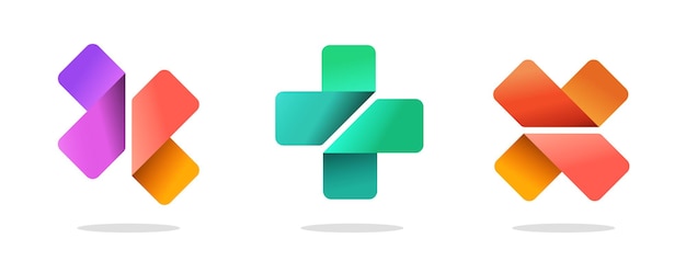 logotipo X, más logotipo 3D, gráfico vectorial de mariposa abstracta, símbolo verde geométrico médico de farmacia, elemento de cinta de doble cruz rojo amarillo púrpura conjunto de imágenes de clipart editables