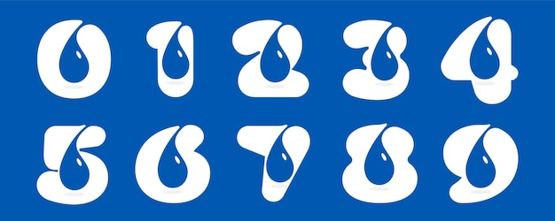 Logotipos de 0 a 9 Números establecidos con gotas de rocío de agua azul Iconos de espacio negativo Emblemas de agua de manantial
