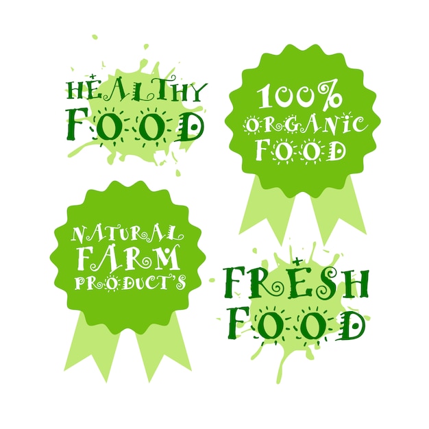 Logotipos de alimentos frescos verdes Etiquetas de productos orgánicos y saludables