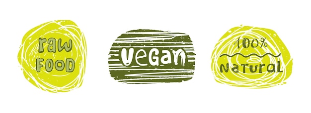 Logotipos de alimentos veganos naturales crudos Cada etiqueta está aislada