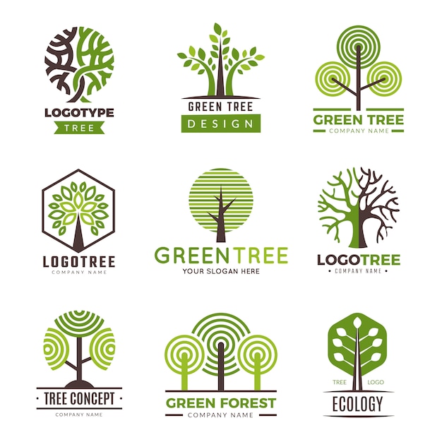 Logotipos de árboles. eco verde símbolos madera estilizada árboles plantas vector logo