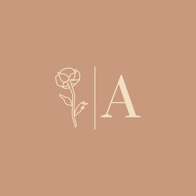 Logotipos de bodas en estilo minimalista. forro de etiquetas florales e insignias con la letra a: icono de vector, pegatina, sello, etiqueta con flor de algodón para vestidos de salón de bodas y tiendas nupciales