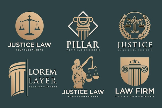 Logotipos de bufetes de abogados con escalas de mazo de justicia, etc. ilustraciones