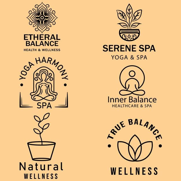 Logotipos para centros de spa y bienestar con equilibrio de yoga y elementos naturales