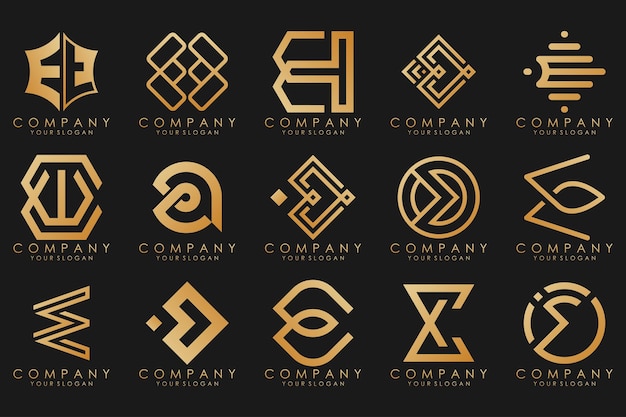 Logotipos de colección de lujo dorado con letras e logotipos abstractos geométricos