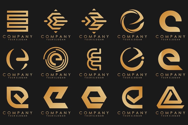 Logotipos de colección de lujo dorado con letras E Logotipos abstractos geométricos