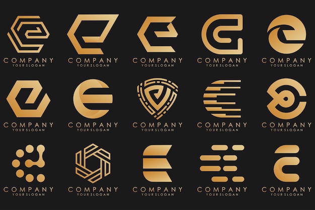 Logotipos de colección de lujo dorado con letras e logotipos abstractos geométricos