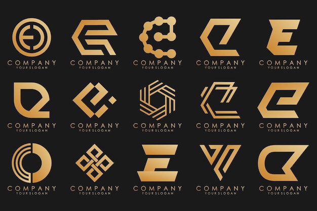 Logotipos de colección de lujo dorado con letras E Logotipos abstractos geométricos