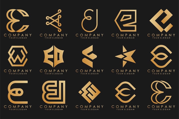 Logotipos de colección de lujo dorado con letras e logotipos abstractos geométricos