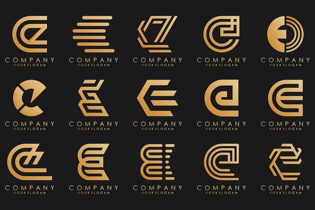 Logotipos de colección de lujo dorado con letras e logotipos abstractos geométricos