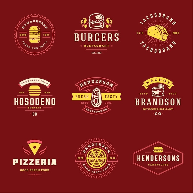 Los logotipos de comida rápida son buenos para pizzerías o hamburgueserías e insignias de menús de restaurantes