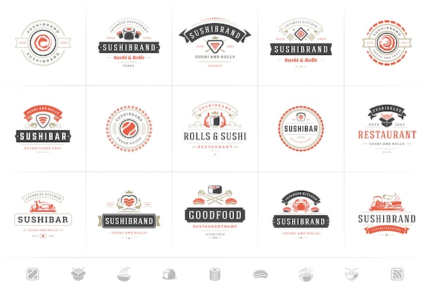 Los logotipos e insignias del restaurante de sushi establecen comida japonesa con vector de siluetas de rollos de salmón de sushi