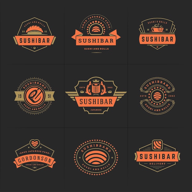 Los logotipos e insignias del restaurante de sushi establecen comida japonesa.