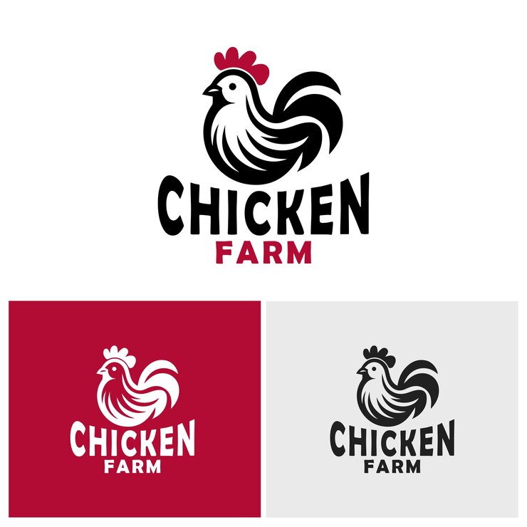 Logotipos estilizados con un pollo con un peine y plumas de cola en blanco y negro