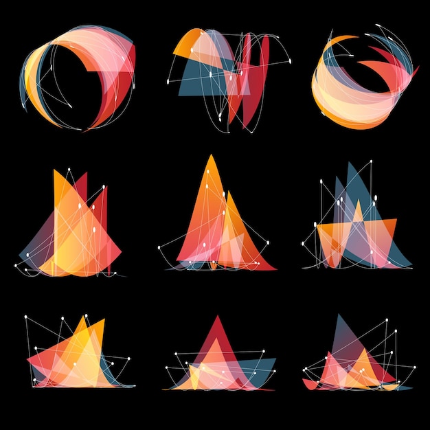 Logotipos de formas diferentes de color rosa abstracto aislado de triángulos establecen elementos geométricos estilo polivinílico bajo con puntos en la ilustración de vector de fondo negro