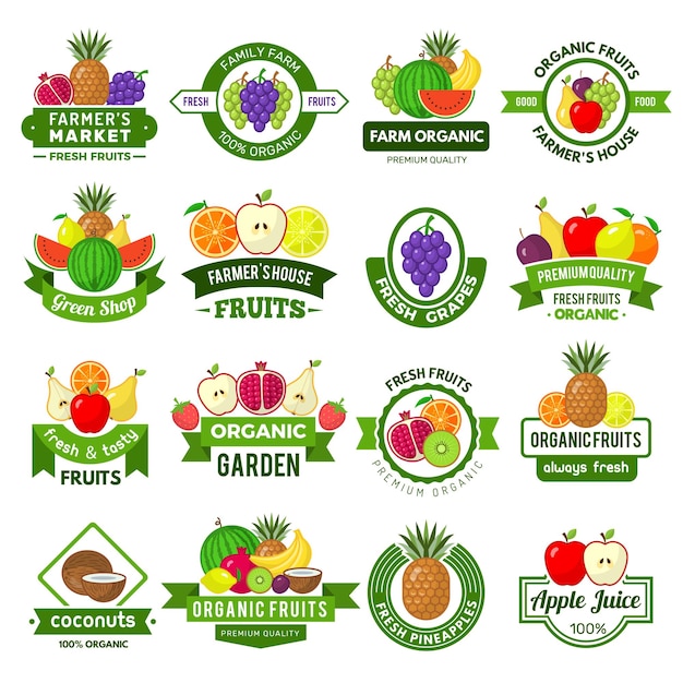 Vector logotipos de frutas. insignias de decoración con símbolos vectoriales de anuncios de mercado de productos naturales ecológicos de granja fresca de frutas saludables. insignia de alimentos orgánicos saludables de la granja, ilustración natural de la etiqueta del emblema
