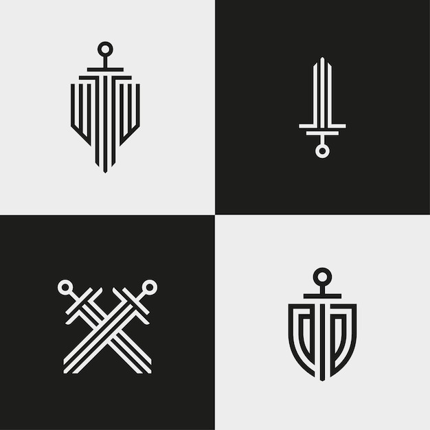 Logotipos geométricos mínimos. Espadas y escudos. ilustración vectorial