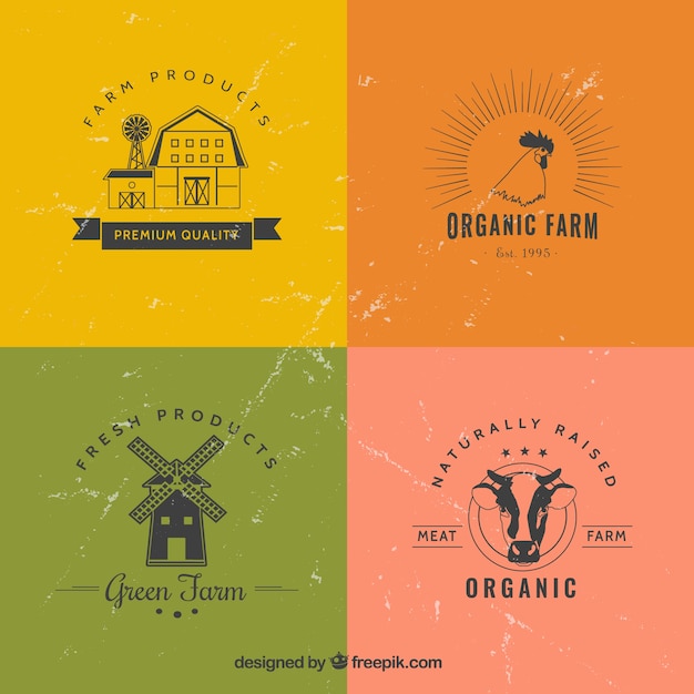 Vector logotipos de granja planos en estilo desgastado