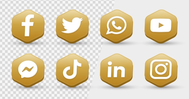 Logotipos de iconos de redes sociales de oro 3d en marco hexagonal moderno icono de red de facebook instagram youtube