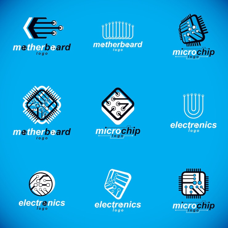 Vector logotipos de innovación tecnológica. conjunto de placa de circuito de computadora abstracta vectorial, elementos tecnológicos con conexiones. diseño web de tema electrónico.