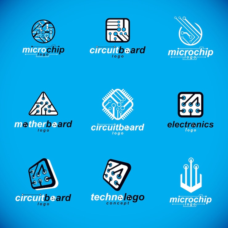 Vector logotipos de innovación tecnológica. conjunto de placa de circuito de computadora abstracta vectorial, elementos tecnológicos con conexiones. diseño web de tema electrónico.