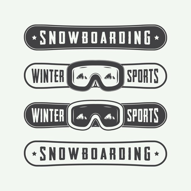 Logotipos, insignias, emblemas y elementos de diseño de snowboard vintage. Ilustración vectorial
