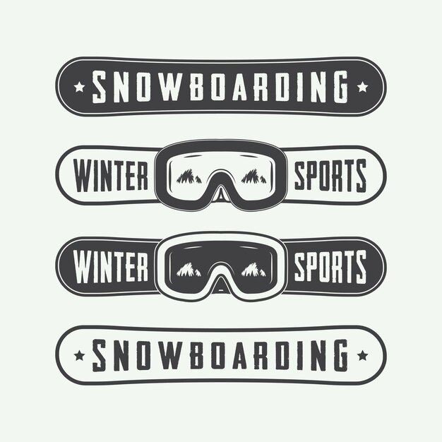 Vector logotipos, insignias, emblemas y elementos de diseño de snowboard vintage. ilustración vectorial