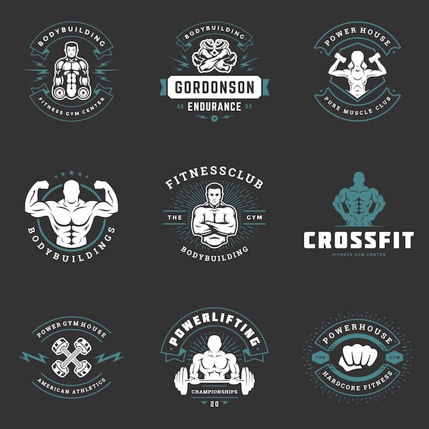 Los logotipos y insignias de los gimnasios y gimnasios diseñan equipos deportivos y las personas establecen una ilustración vectorial