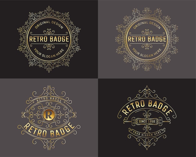 Los logotipos y monogramas antiguos establecen adornos elegantes de arte lineal con adornos elegantes