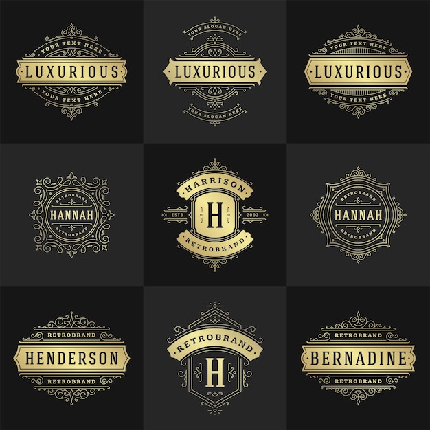 Los logotipos y monogramas vintage establecen elegantes florituras de arte de línea elegantes adornos de diseño de plantilla de vector de estilo victoriano. caligráfico adornado clásico de lujo cresta real boutique heráldica, restaurante