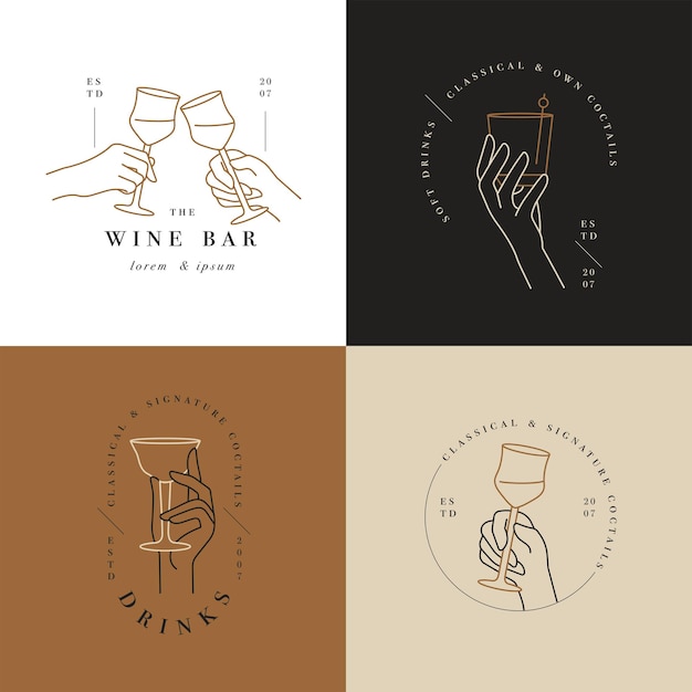 Logotipos o emblemas de plantilla lineal de diseño vectorial en diferentes gestos vaso de bebida Símbolo abstracto para cafetería o bar