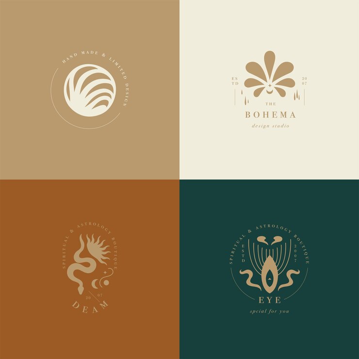 Logotipos o emblemas de plantilla lineal de diseño vectorial - estilo misterio boho. Símbolo abstracto para productos hechos a mano y boutiques de artesanía.