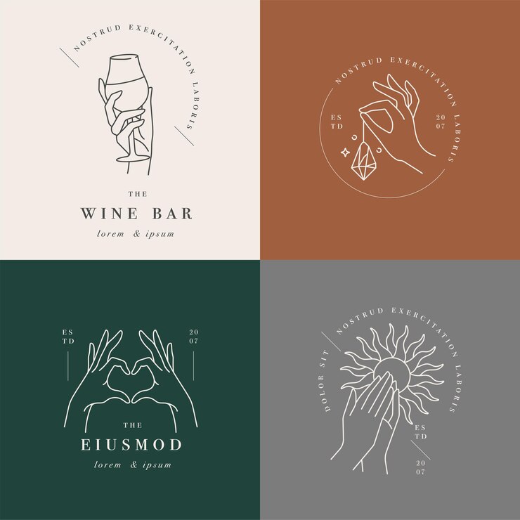 logotipos o emblemas de plantilla lineal: manos en diferentes gestos.