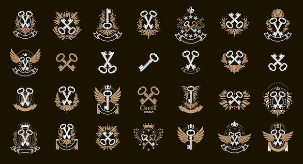 Vector logotipos o emblemas vectoriales de llaves antiguas, elementos de diseño heráldicos de gran conjunto, símbolos de llave en mano de heráldica de estilo clásico, secretos antiguos y cerraduras.