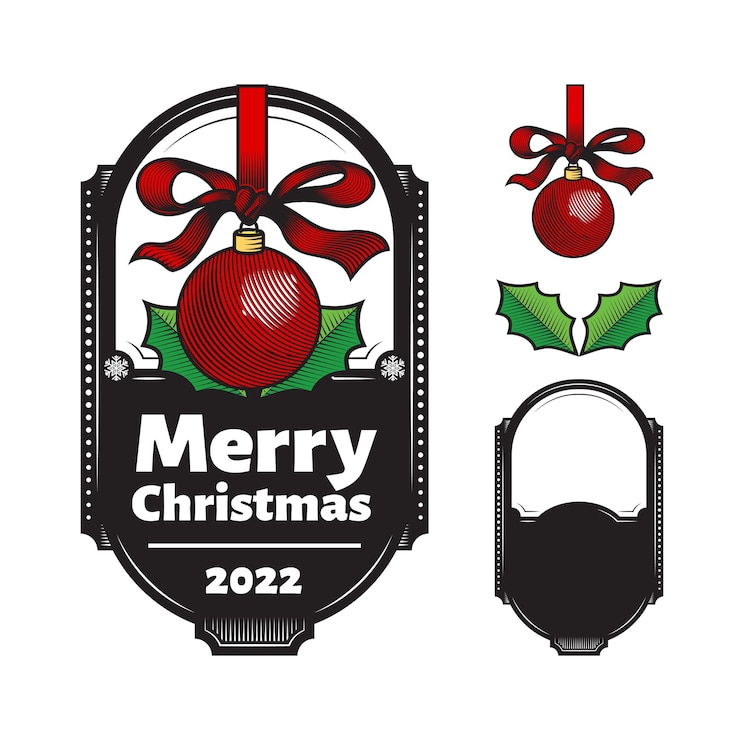 Vector logotipos o iconos de navidad ball line art con etiqueta. ilustración vectorial.