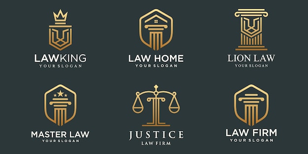 Logotipos de la oficina de abogados con escalas de la justicia, ilustraciones de pilares vector.
