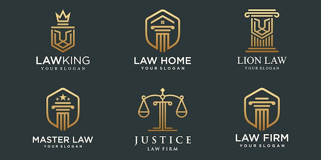 Logotipos de la oficina de abogados con escalas de la justicia, ilustraciones de pilares Vector.