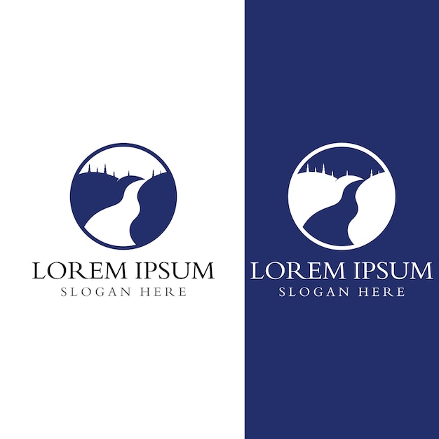 Logotipos de ríos, arroyos, orillas y arroyos Logotipo del río con combinación de montañas y tierras de cultivo con plantilla de ilustración vectorial de diseño conceptual