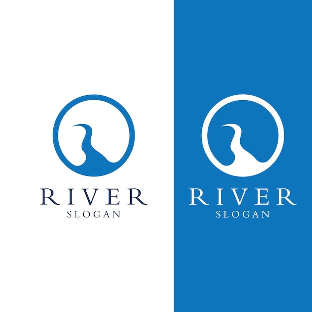 Logotipos de ríos, arroyos, riberas y arroyos Logotipo del río con combinación de montañas y tierras de cultivo con plantilla de ilustración vectorial de diseño conceptual