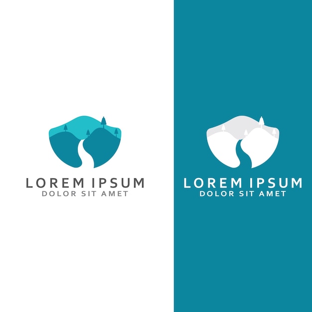Logotipos de ríos, arroyos, riberas y arroyos Logotipo del río con combinación de montañas y tierras de cultivo con plantilla de ilustración vectorial de diseño conceptual