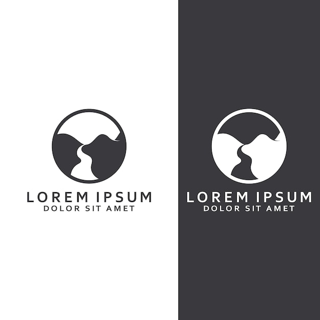Logotipos de ríos, arroyos, riberas y arroyos Logotipo del río con combinación de montañas y tierras de cultivo con plantilla de ilustración vectorial de diseño conceptual