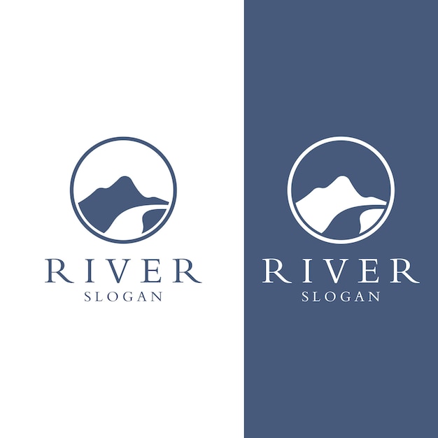 Logotipos de ríos, arroyos, riberas y arroyos Logotipo del río con combinación de montañas y tierras de cultivo con plantilla de ilustración vectorial de diseño conceptual