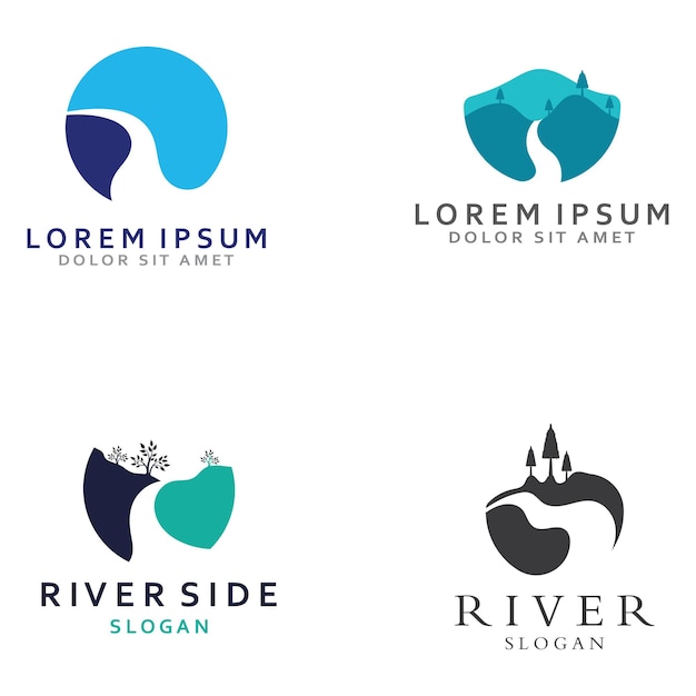 Logotipos de ríos, arroyos, riberas y arroyos logotipo del río con combinación de montañas y tierras de cultivo con plantilla de ilustración vectorial de diseño conceptual