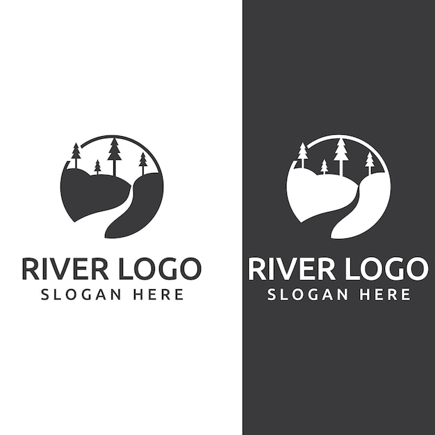 Logotipos de ríos, arroyos, riberas y arroyos Logotipo del río con combinación de montañas y tierras de cultivo con plantilla de ilustración vectorial de diseño conceptual