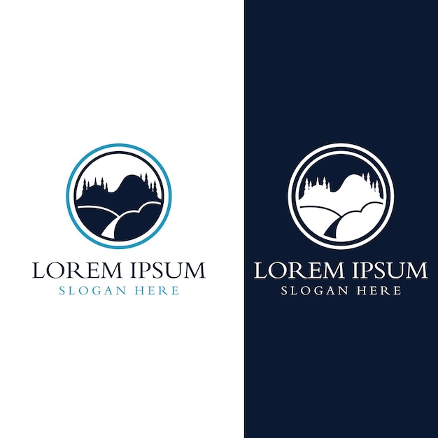 Logotipos de ríos, arroyos, riberas y arroyos Logotipo del río con combinación de montañas y tierras de cultivo con plantilla de ilustración vectorial de diseño conceptual