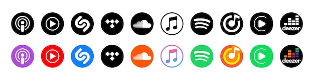 Vector los logotipos de los servicios de música podcasts youtube music shazam tidal soundcloud itunes spotify yandex music carplay deezer un gran conjunto de servicios de música populares iconos vectoriales