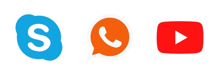 Vector los logotipos de skype, youtube, los íconos de las redes sociales, los logos de los medios sociales o las redes para su diseño, los iconos vectoriales.