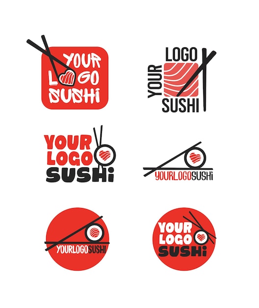 Logotipos vectoriales de sushi con sushi de salmón. cafetería de comida japonesa